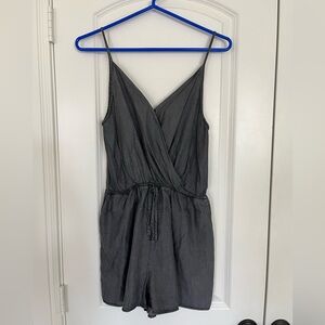 Women’s Gray Romper Cut Out Back Deep V Neckline Cinched Waist Pockets